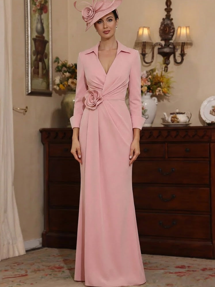 Sheath/Column V-Neck Stretch Satin Mother of the Bride Dresses with 3D Flower Floor-Length 3/4 Sleeves