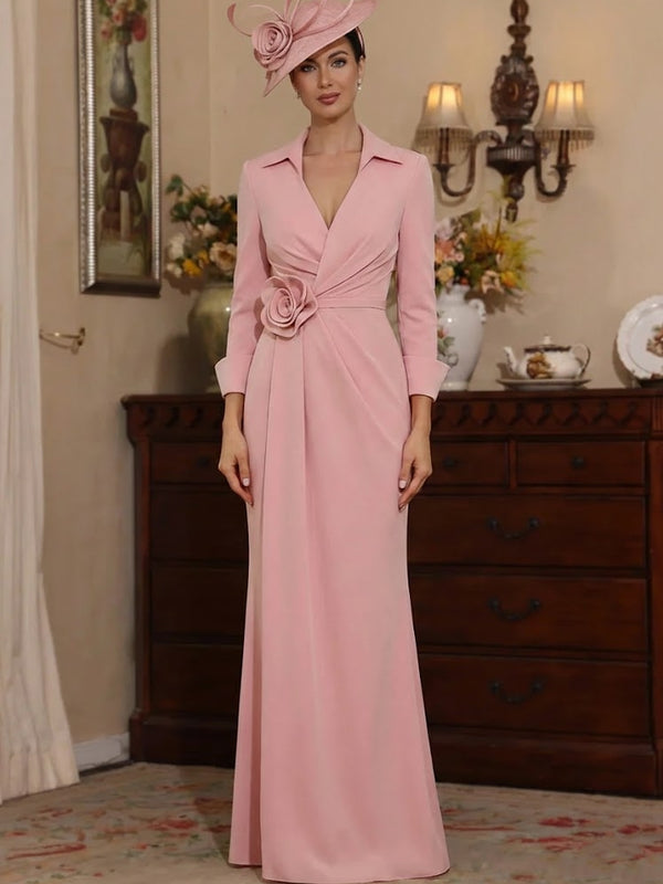 Sheath/Column V-Neck Stretch Satin Mother of the Bride Dresses with 3D Flower Floor-Length 3/4 Sleeves