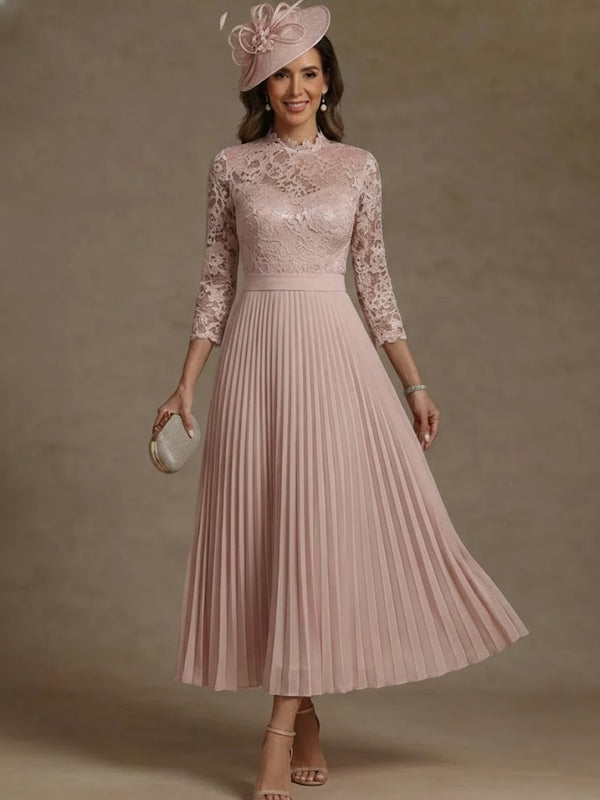 A-Line/Princess High Neck Chiffon Mother of the Bride Dresses Lace Tea-Length 3/4 Sleeves Pleated