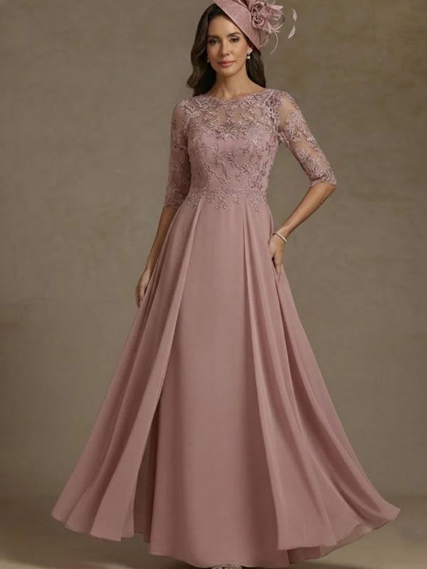 A-Line/Princess Boat Neck Chiffon Mother of the Bride Dresses Lace Floor-Length Half Sleeves