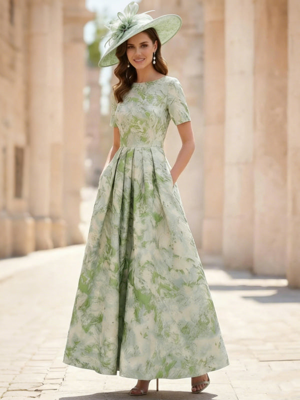A-Line/Princess Scoop Jacquard Mother of the Bride Dresses Ankle-Length Short Sleeves Pleats