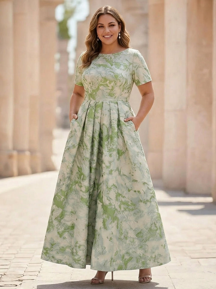 A-Line/Princess Scoop Jacquard Plus Size Mother of the Bride Dresses Ankle-Length Short Sleeves Pleats