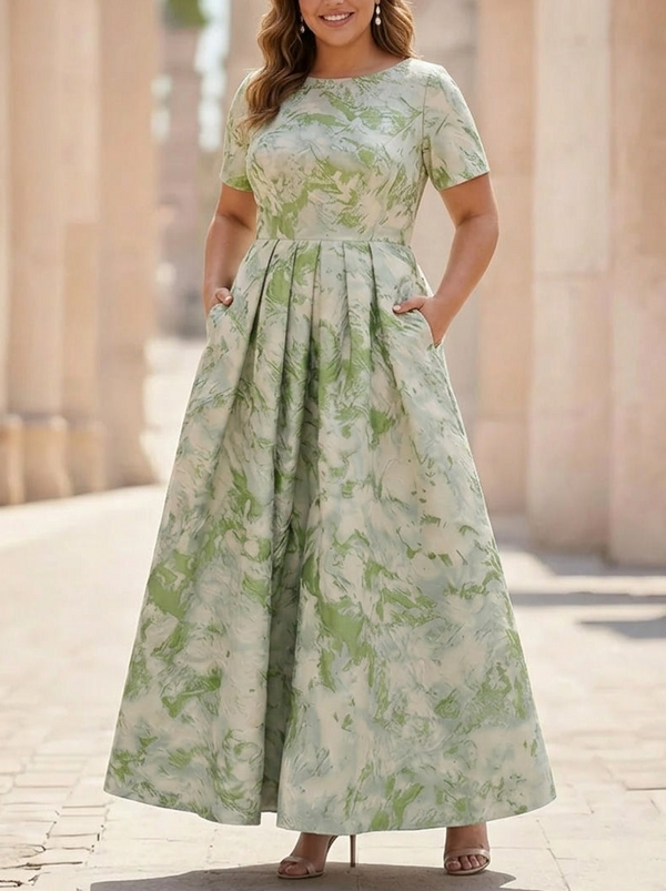 A-Line/Princess Scoop Jacquard Plus Size Mother of the Bride Dresses Ankle-Length Short Sleeves Pleats