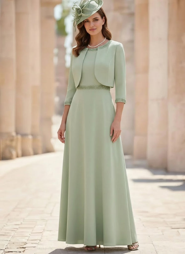 A-Line/Princess Scoop Satin 2 Pieces Mother of the Bride Dresses with Jacket Ankle-Length 3/4 Sleeves Beading