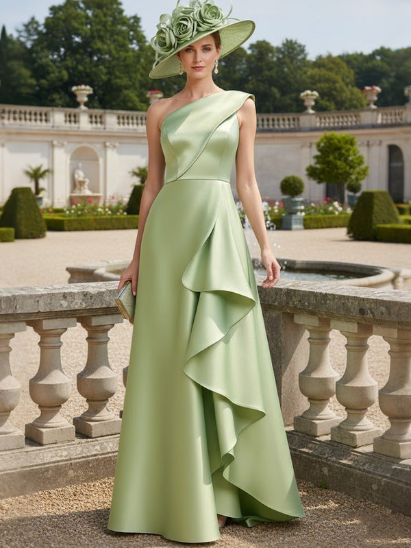 A-Line/Princess One-Shoulder Satin Mother of the Bride Dresses Sleeveless Floor-Length Ruffles