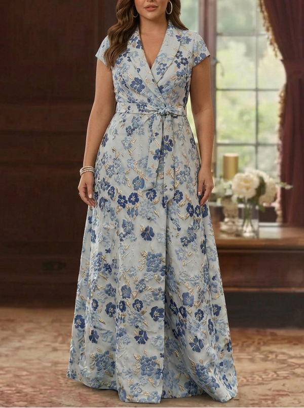 A-Line/Princess V-Neck Jacquard Plus Size Mother of the Bride Dresses Floral Floor-Length Short Sleeves Belt