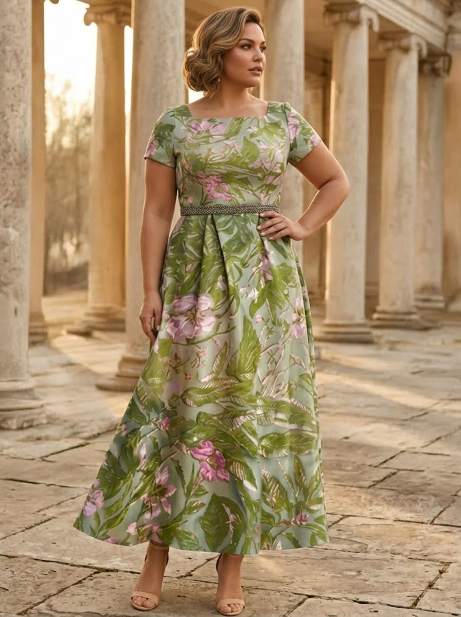 A-Line/Princess Square Collar Satin Plus Size Mother of the Bride Dresses Floral Ankle-Length Short Sleeves