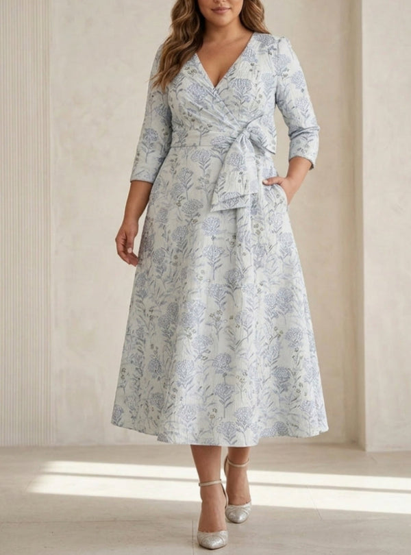 A-Line/Princess V-Neck Jacquard Plus Size Mother of the Bride Dresses Floral Tea-Length 3/4 Sleeves