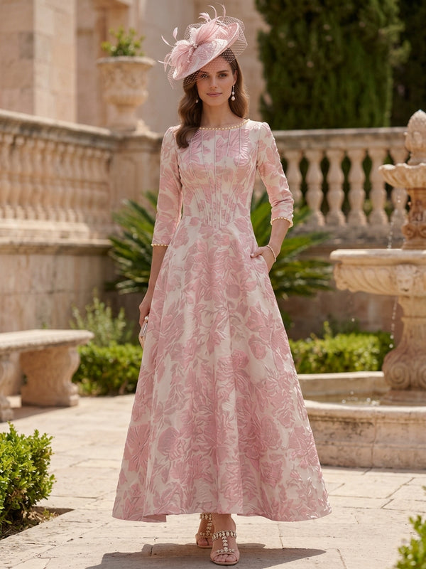 A-Line/Princess Scoop Jacquard Mother of the Bride Dresses Floral Ankle-Length 3/4 Sleeves