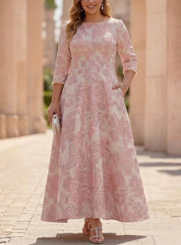 A-Line/Princess Scoop Plus Size Jacquard Mother of the Bride Dresses Floral Ankle-Length 3/4 Sleeves
