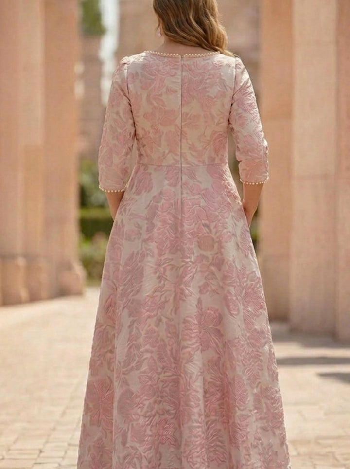 A-Line/Princess Scoop Plus Size Jacquard Mother of the Bride Dresses Floral Ankle-Length 3/4 Sleeves