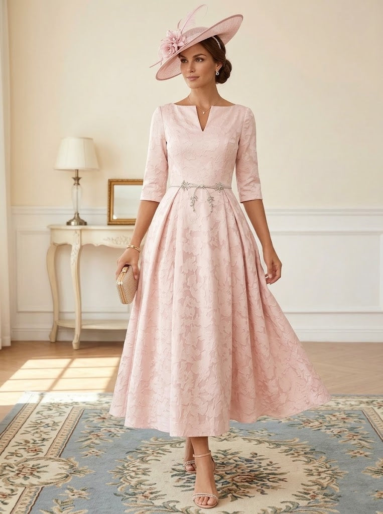 A-Line/Princess V-Neck Floral Burnout Mother of the Bride Dresses Tea-Length 3/4 Sleeves Belt