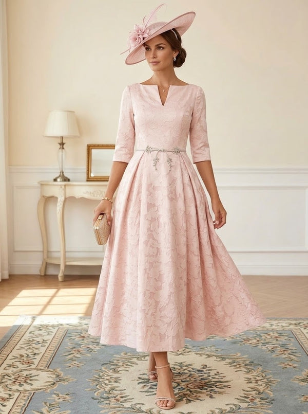 A-Line/Princess V-Neck Floral Burnout Mother of the Bride Dresses Tea-Length 3/4 Sleeves Belt