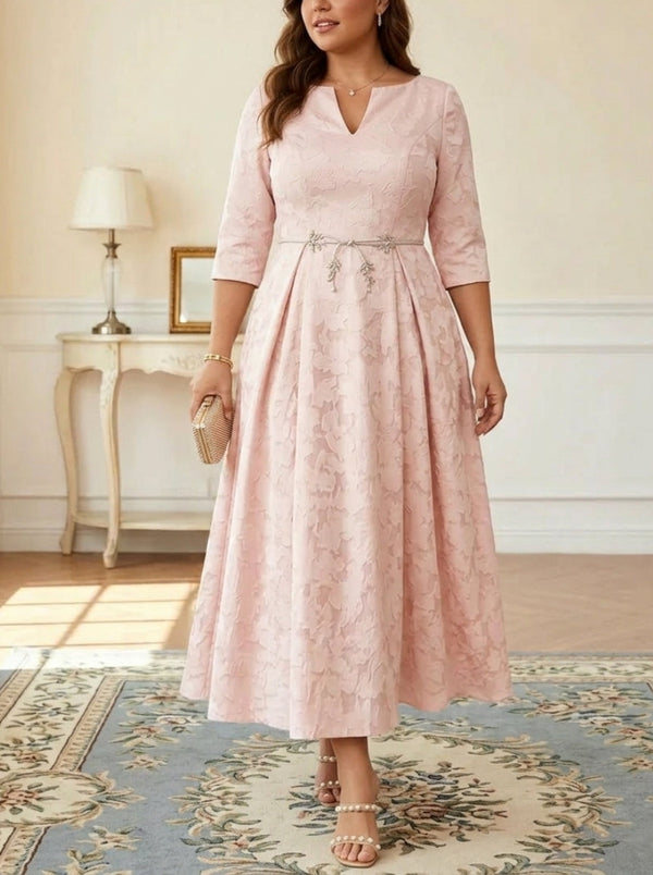 A-Line/Princess V-Neck Floral Burnout Plus Size Mother of the Bride Dresses Tea-Length 3/4 Sleeves Belt