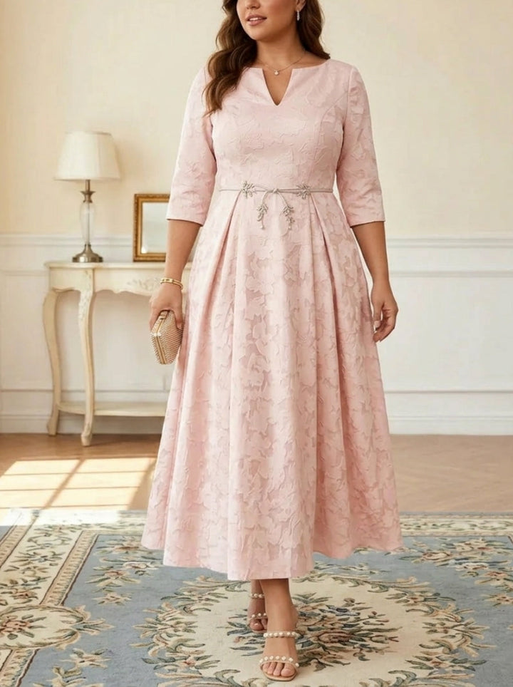 A-Line/Princess V-Neck Floral Burnout Plus Size Mother of the Bride Dresses Tea-Length 3/4 Sleeves Belt