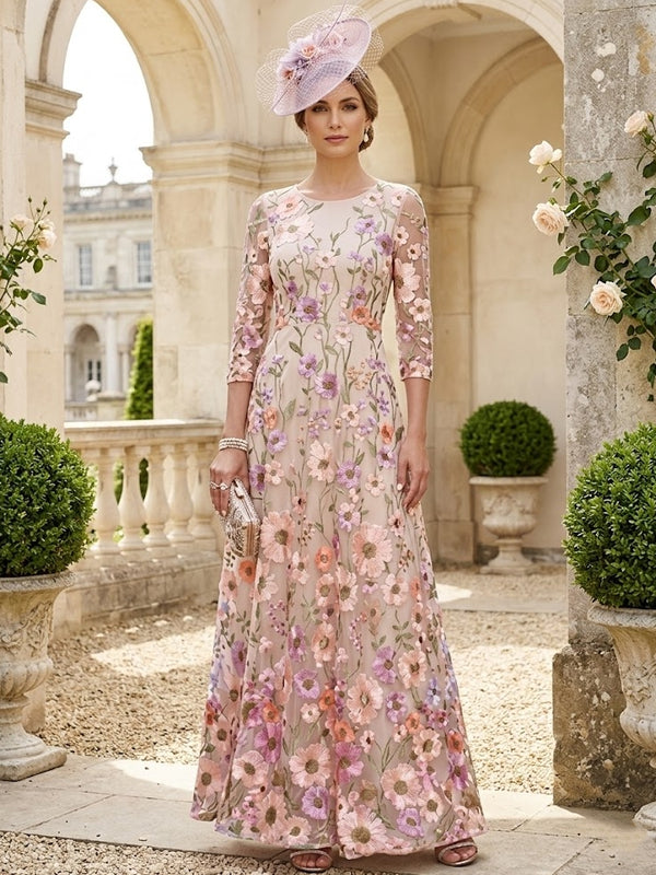 A-Line/Princess Scoop Lace Embroidery Mother of the Bride Dresses Floral Ankle-Length 3/4 Sleeves