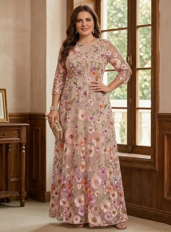 A-Line/Princess Scoop Lace Embroidery Plus Size Mother of the Bride Dresses Floral Ankle-Length 3/4 Sleeves