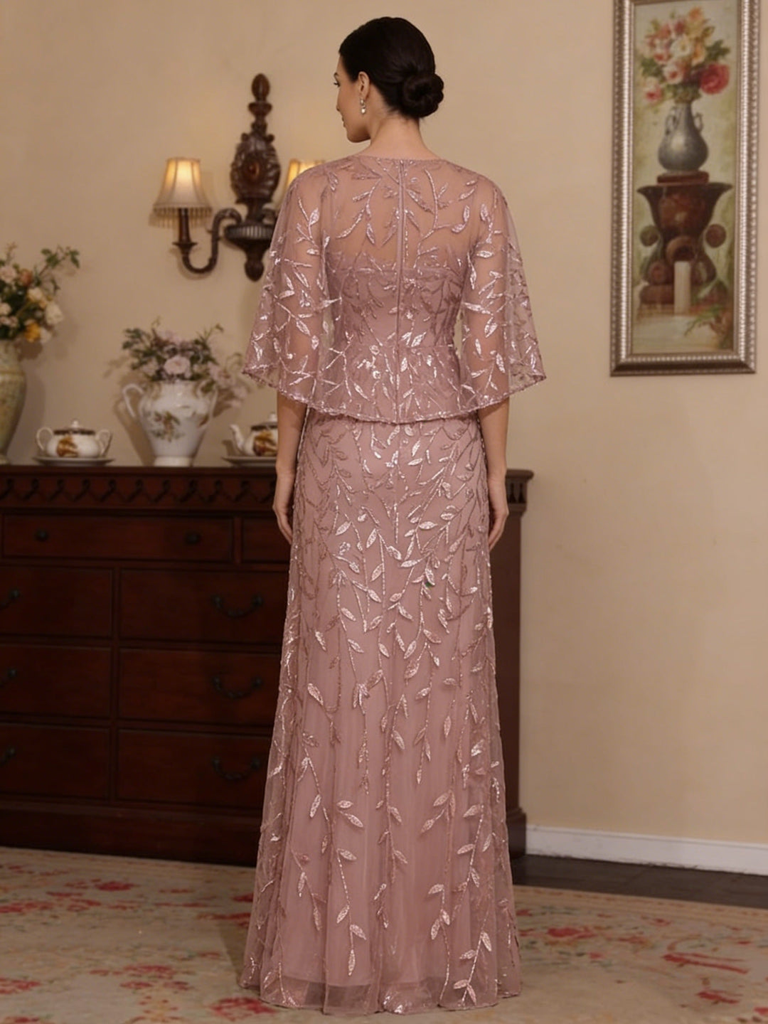 A-Line/Princess Scoop Lace Mother of the Bride Dresses Floor-Length Cape Sleeves Sequins Floral