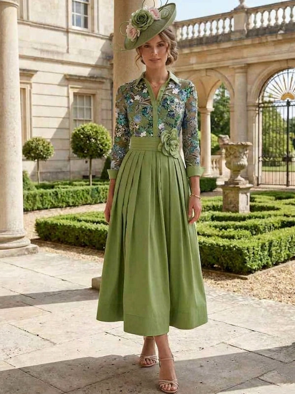 A-Line/Princess Shirt Collar Satin Mother of the Bride Dresses Tea-Length Lace Sequins 3/4 Sleeves Floral 3D Flower