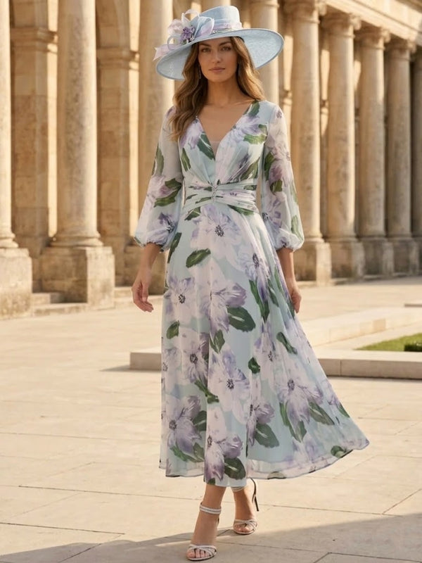 A-Line/Princess V-Neck Chiffon Mother of the Bride Dresses 3/4 Sleeves Floral Tea-Length Ruched