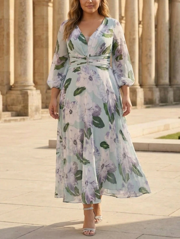 A-Line/Princess V-Neck Chiffon Plus Size Mother of the Bride Dresses 3/4 Sleeves Floral Tea-Length Ruched