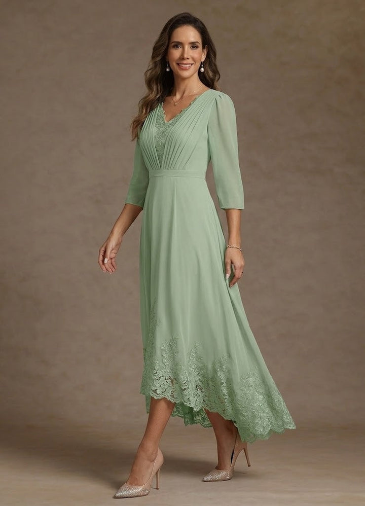 A-Line/Princess V-Neck Chiffon Mother of the Bride Dresses Asymmetrical Tea-Length Lace 3/4 Sleeves