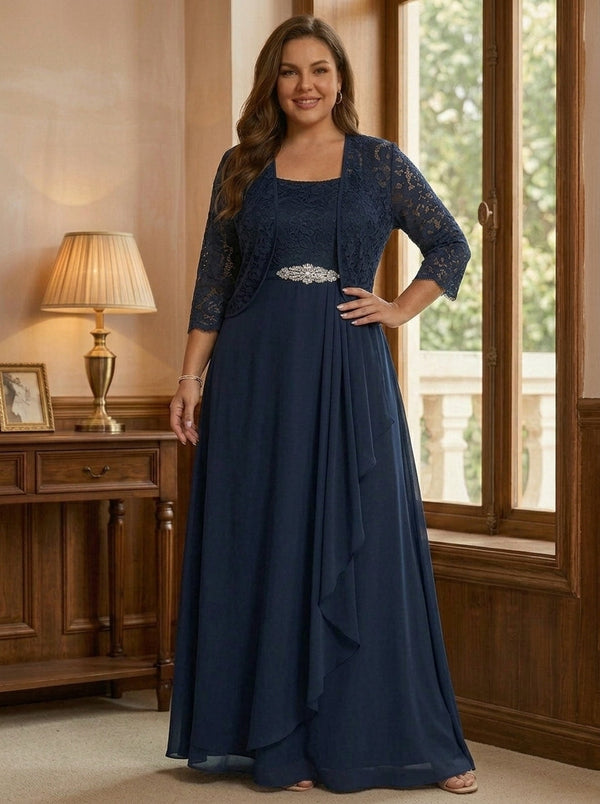 A-Line/Princess Square Collar Chiffon Plus Size Mother of the Bride Dresses with Jacket Lace Ankle-Length 3/4 Sleeves