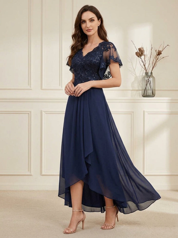 A-Line/Princess V-Neck Chiffon Mother of the Bride Dresses Asymmetrical Ankle-Length Lace Sequins Short Sleeves