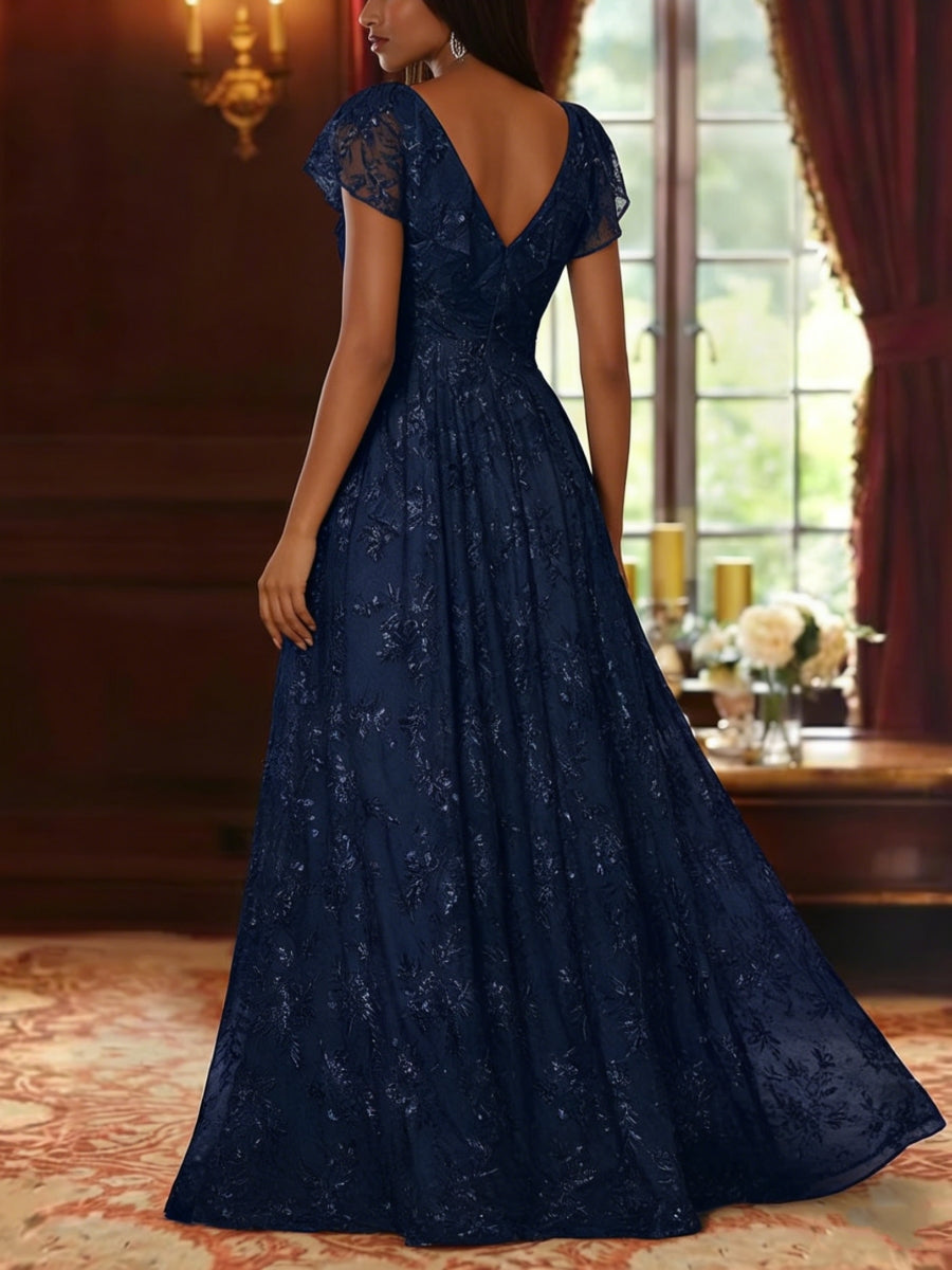 A-Line/Princess V-Neck Sequins Lace Mother of the Bride Dresses Short Sleeves Floral Floor-Length