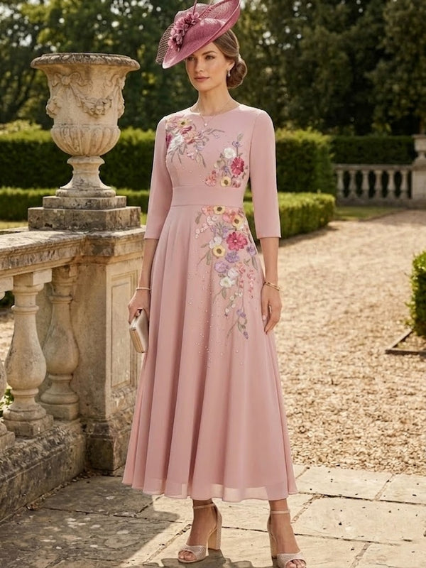 A-Line/Princess Scoop Chiffon Mother of the Bride Dresses 3/4 Sleeves Lace Tea-Length Floral