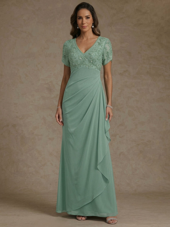 Sheath/Column V Neck Mother of the Bride Dresses Short Sleeves Chiffon Ankle Length Sequins Ruffles
