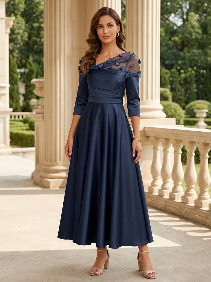 A-Line/Princess V-Neck Acetate Satin Mother of the Bride Dresses 3/4 Sleeves Floral Tea-Length 3D Flower