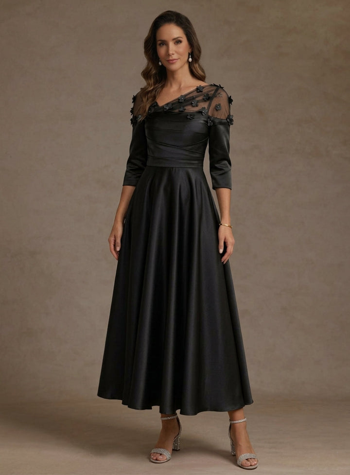 A-Line/Princess V-Neck Acetate Satin Mother of the Bride Dresses 3/4 Sleeves Floral Tea-Length 3D Flower