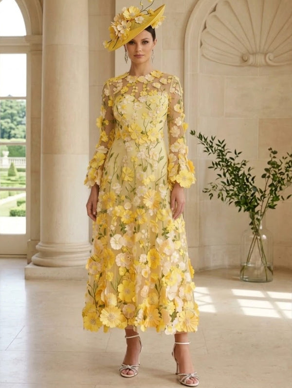 A-Line/Princess Scoop Lace Appliques Mother of the Bride Dresses Floral Long Sleeves Tea-Length