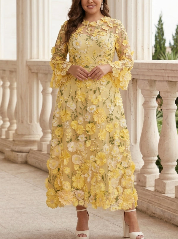 A-Line/Princess Scoop Lace Appliques Plus Size Mother of the Bride Dresses Floral Long Sleeves Tea-Length