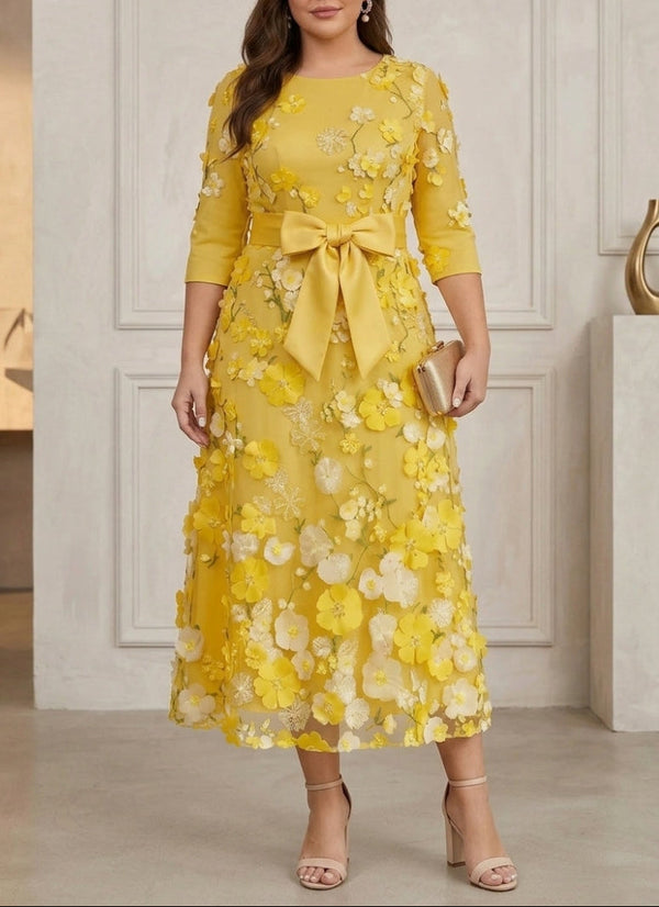 A-Line/Princess Scoop Satin Plus Size Mother of the Bride Dresses with Bowknot Lace Floral 3/4 Sleeves Tea-Length