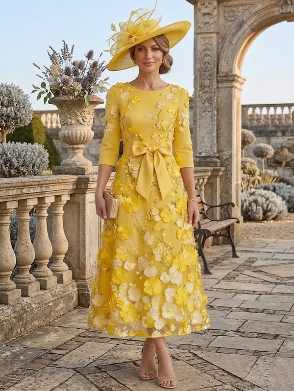 A-Line/Princess Scoop Satin  Mother of the Bride Dresses with Bowknot Lace Floral 3/4 Sleeves Tea-Length