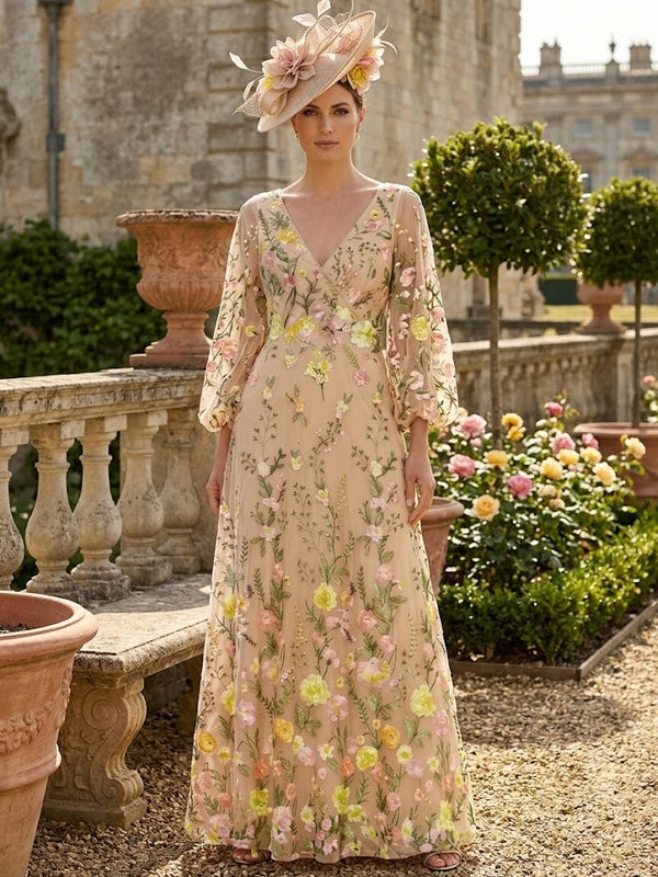 A-Line/Princess V-Neck Lace Mother of the Bride Dresses Floral 3/4 Sleeves Floor-Length
