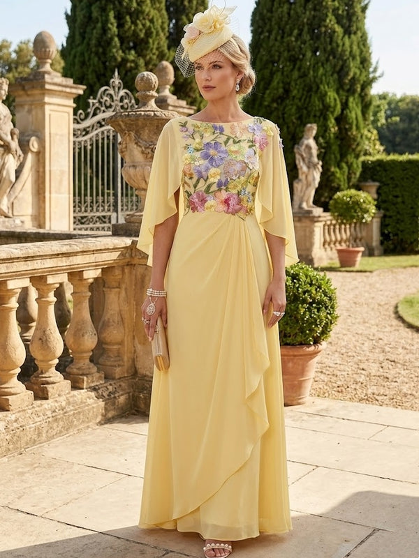 A-Line/Princess Scoop Chiffon Mother of the Bride Dresses Lace Floral Floor-Length Cape Sleeves