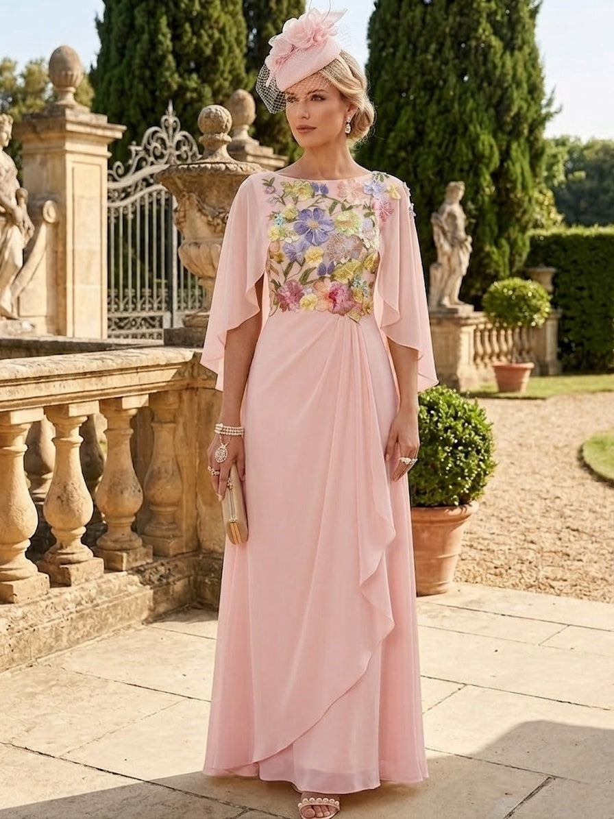 A-Line/Princess Scoop Chiffon Mother of the Bride Dresses Lace Floral Floor-Length Cape Sleeves