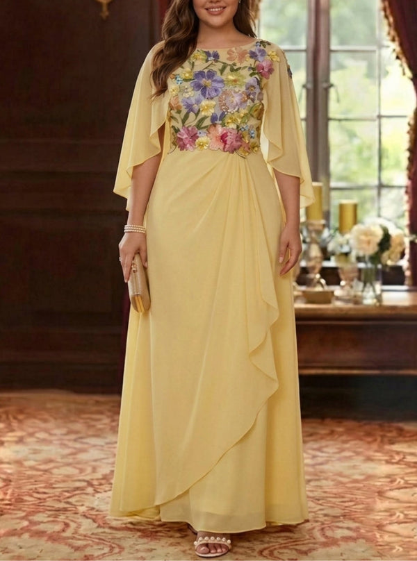 A-Line/Princess Scoop Chiffon Plus Size Mother of the Bride Dresses Lace Floral Floor-Length Cape Sleeves