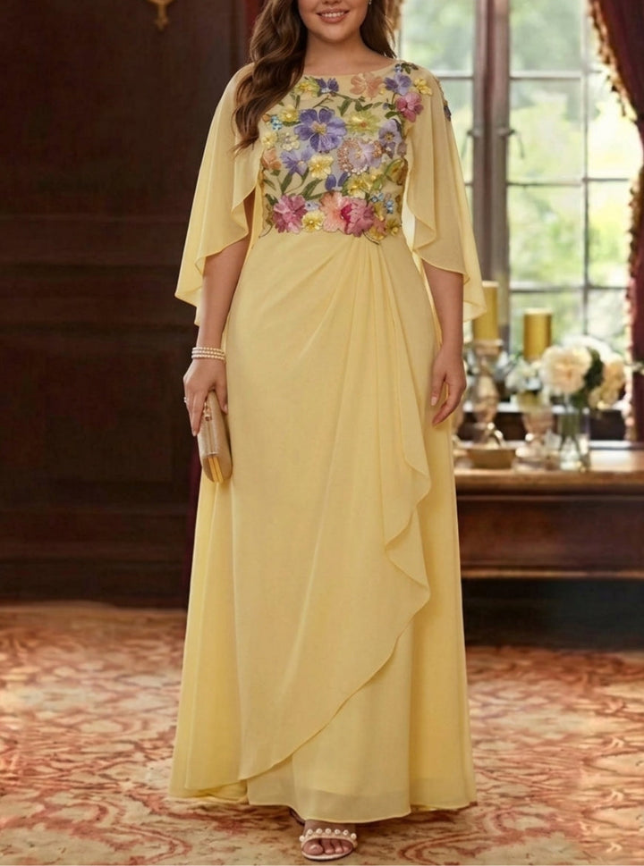 A-Line/Princess Scoop Chiffon Plus Size Mother of the Bride Dresses Lace Floral Floor-Length Cape Sleeves