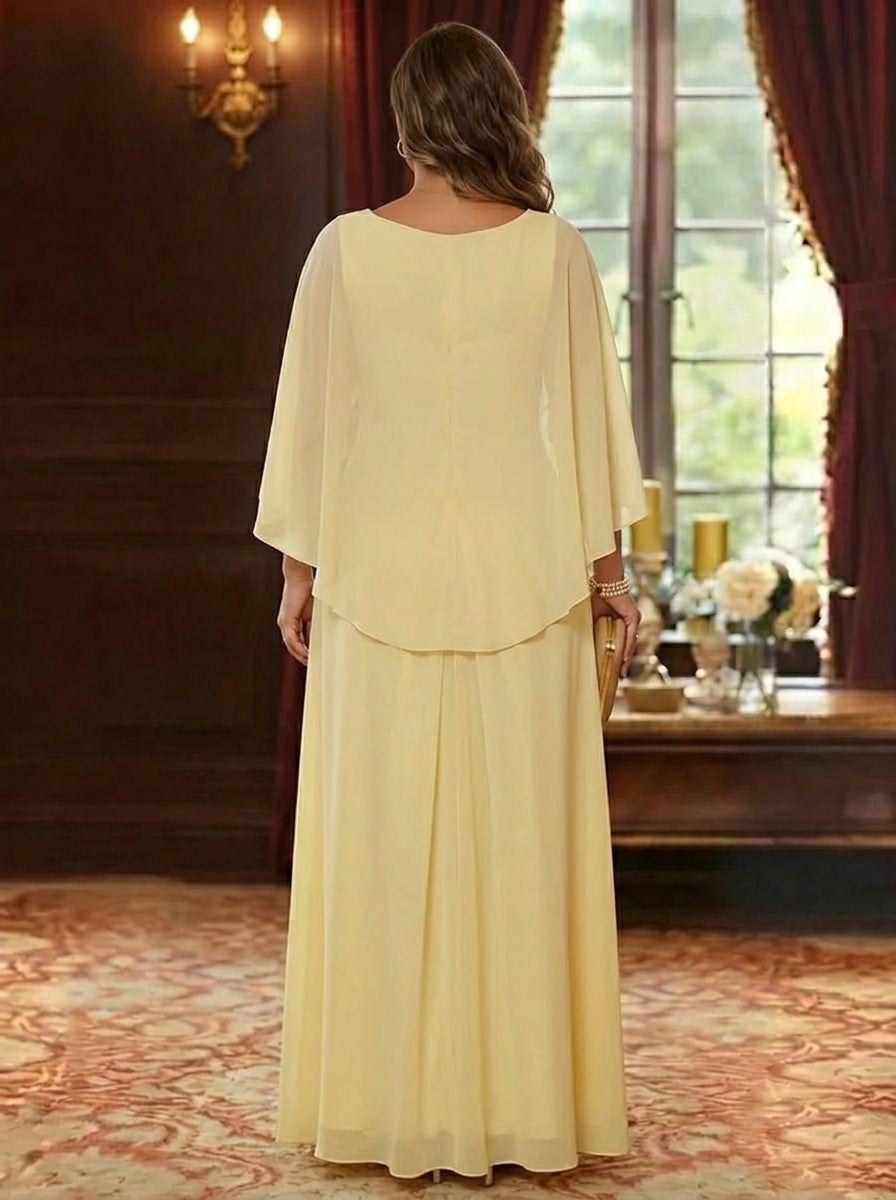 A-Line/Princess Scoop Chiffon Plus Size Mother of the Bride Dresses Lace Floral Floor-Length Cape Sleeves
