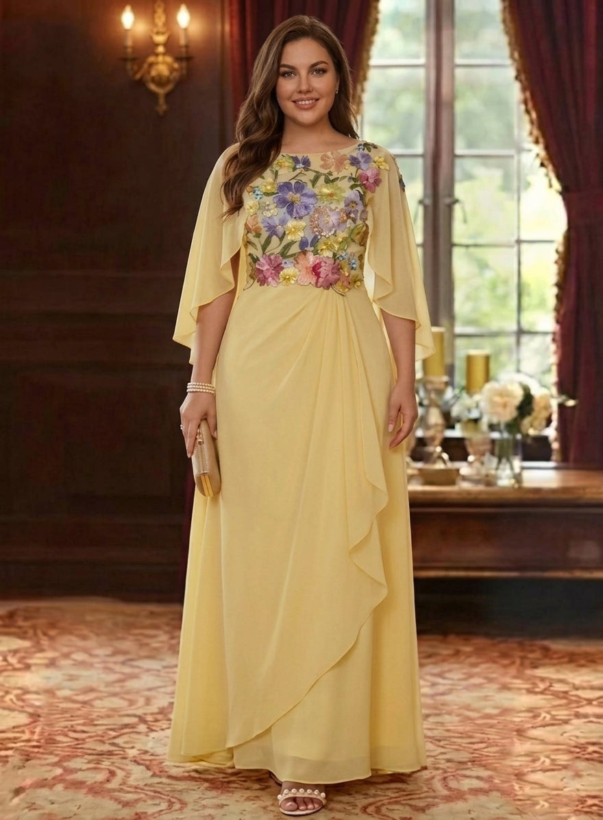 A-Line/Princess Scoop Chiffon Plus Size Mother of the Bride Dresses Lace Floral Floor-Length Cape Sleeves