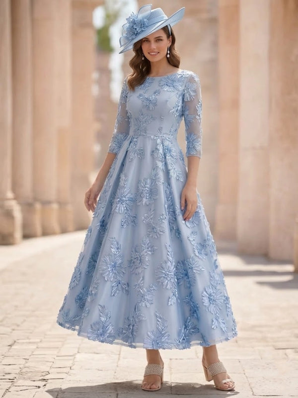 A-Line/Princess Scoop Lace Mother of the Bride Dresses Floral 3/4 Sleeves Tea-Length Appliques