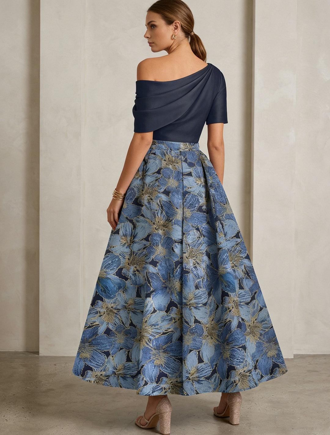 A-Line/Princess One-Shoulder Satin Mother of the Bride Dresses Floral Short Sleeves Ankle Length