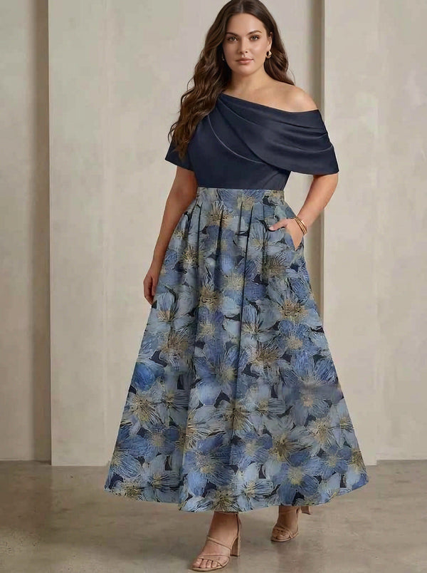 A-Line/Princess One-Shoulder Satin Plus Size Mother of the Bride Dresses Floral Short Sleeves Ankle Length