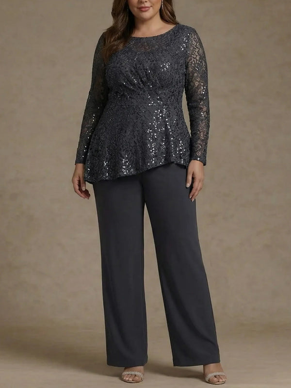3 Pieces Suit Scoop Chiffon Plus Size Mother of the Bride Pantsuits Lace Ankle-Length Long Sleeves