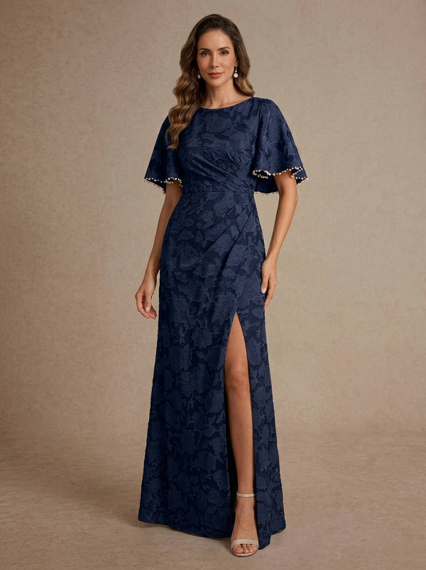 Sheath/Column Scoop Floral Burnout Mother of the Bride Dresses with Split Side Floor-Length Short Sleeves
