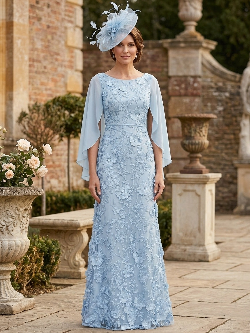 A-Line/Princess Scoop Chiffon Mother of the Bride Dresses Lace Floral Floor-Length Cape Sleeves